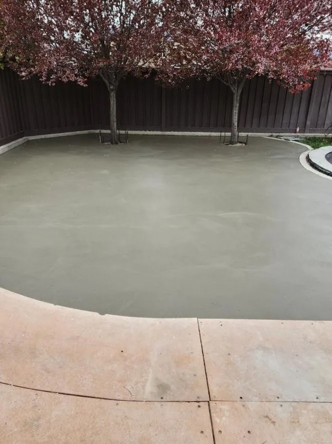 Freshly poured concrete patio with curved edge surrounded by trees